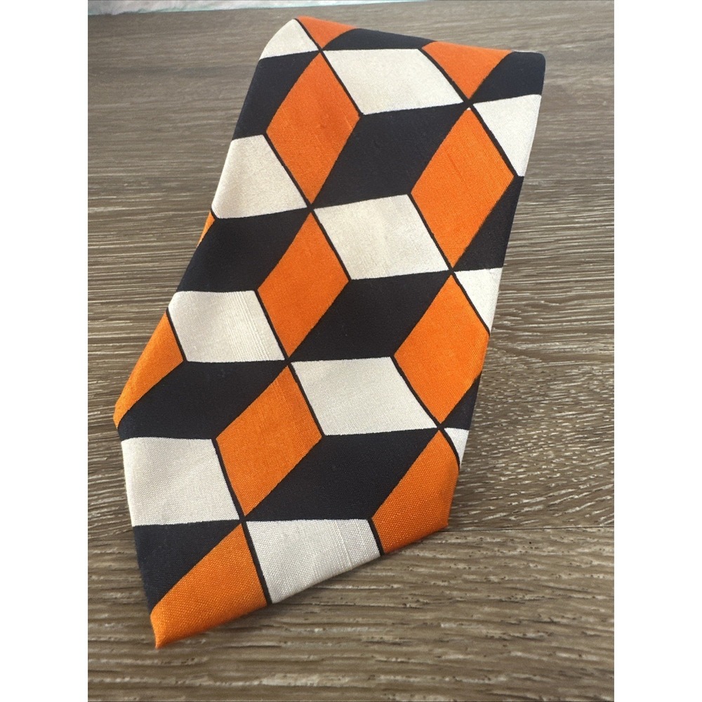 Vintage Saint Coleman Pure Thai Silk Geometric Mod Tie Orange Black White Woven